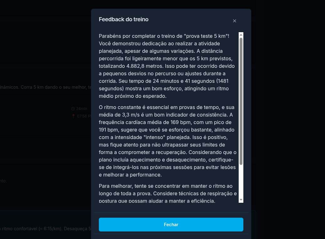 Modal de feedback do treino mostrando análise detalhada de performance